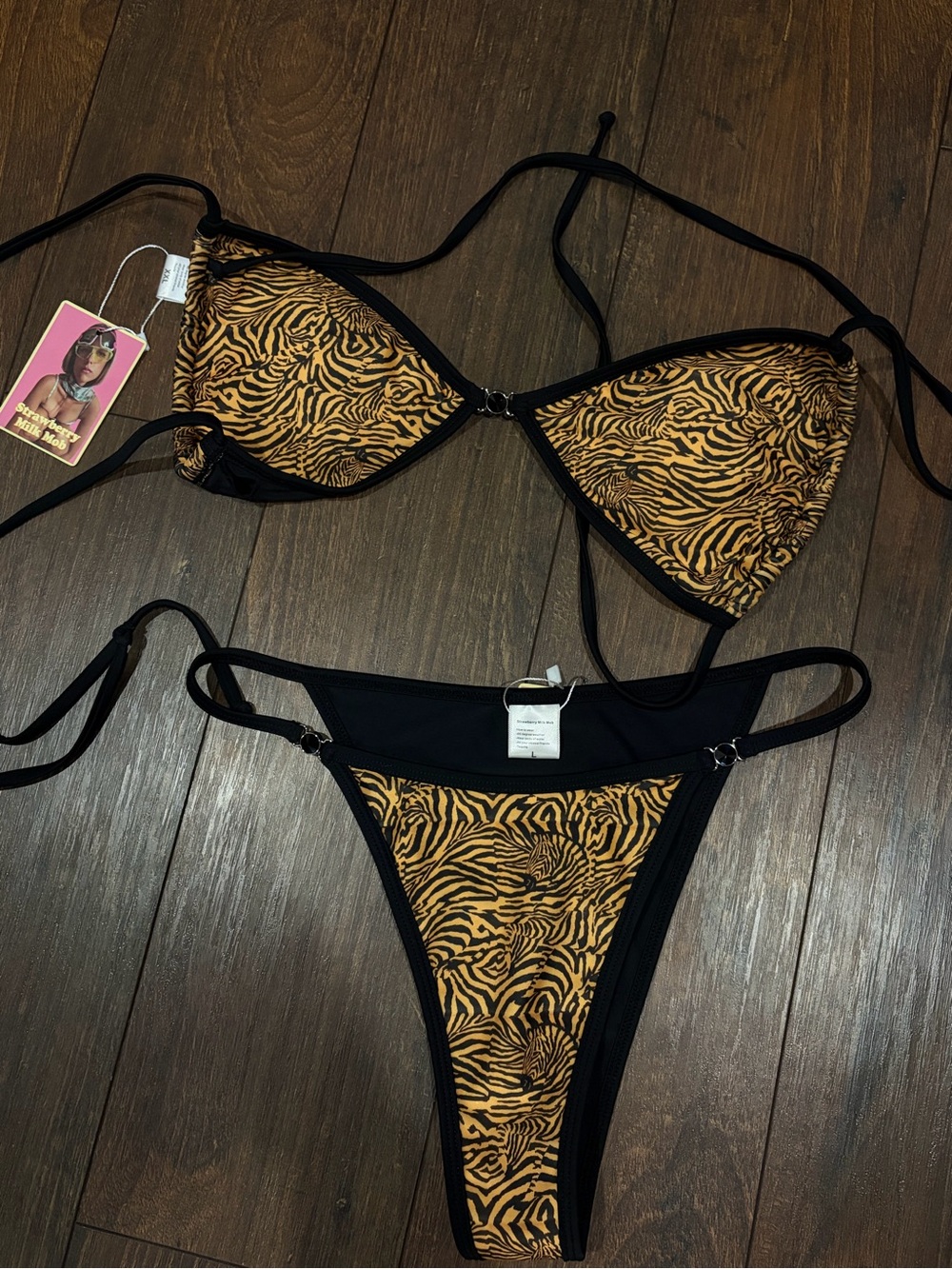 Strawberry Milk Mob Tiger-Print Bikini in Black and Tan
